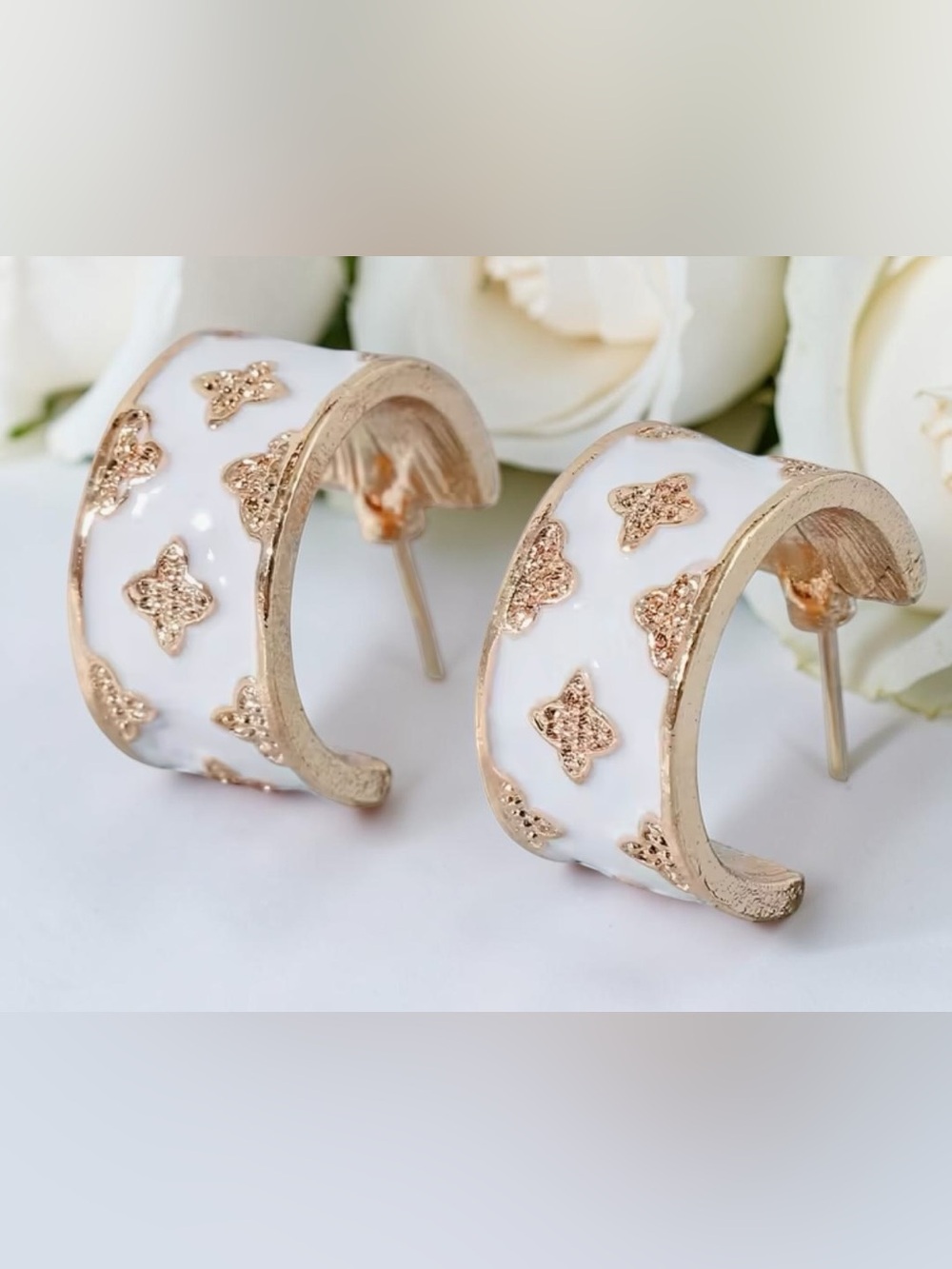 White and Gold Tone Enamel Hoop Earrings - Elegant Women Jewelry